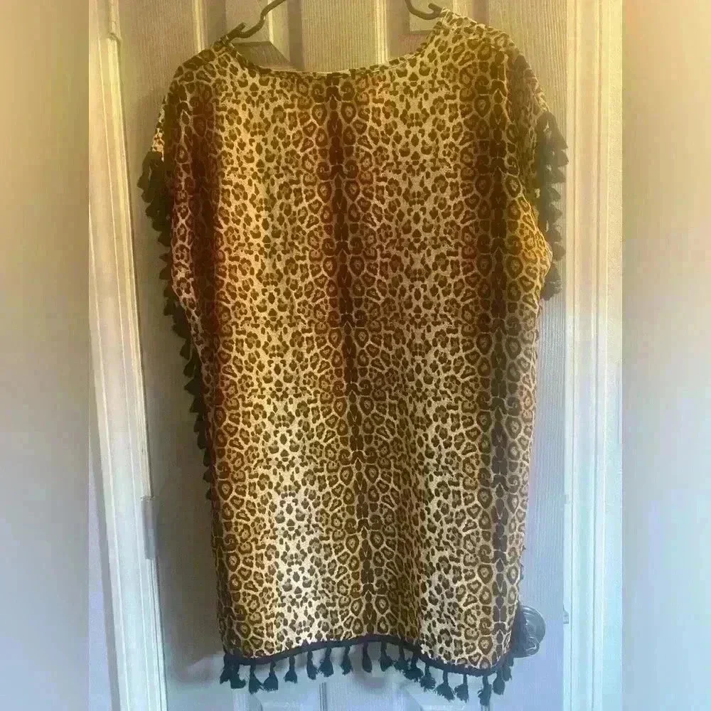 Yincra Cheetah print swimsuit cover up boxy square cut with black fringe size SM